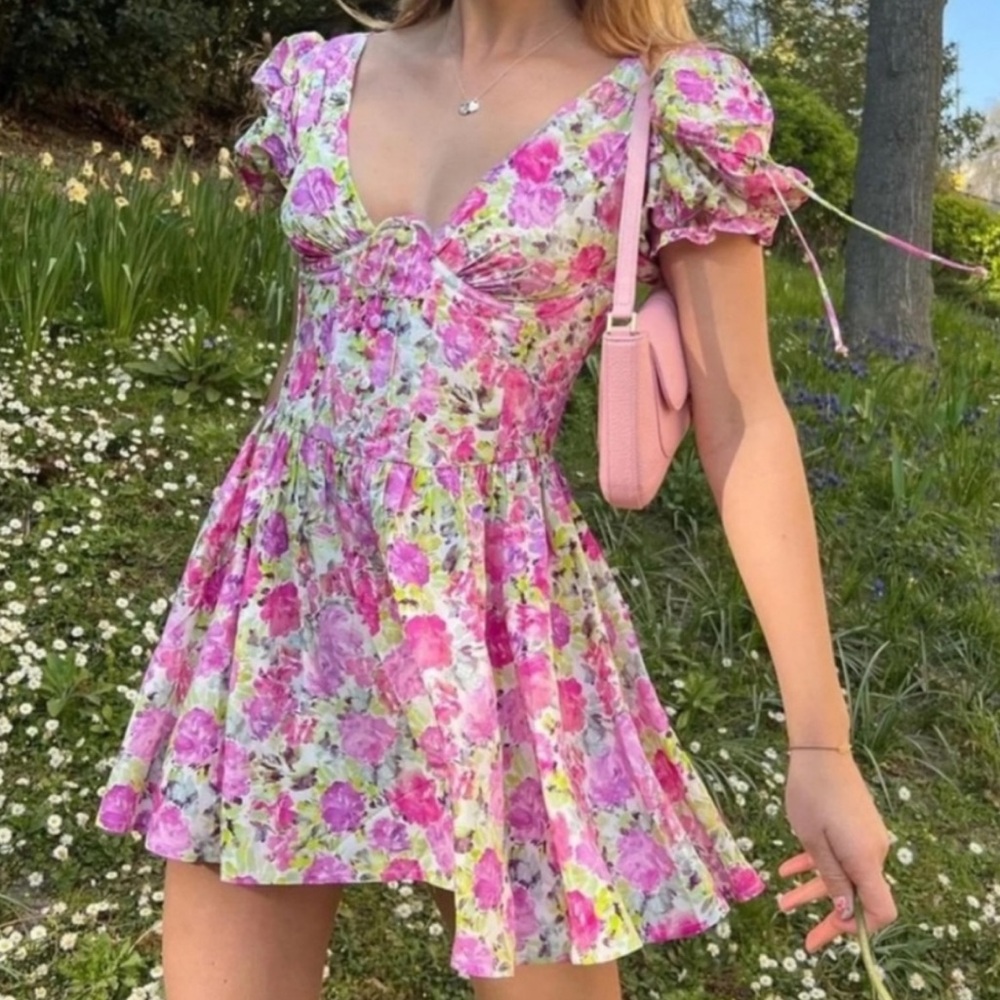 For Love And Lemons Pink Floral Mini Dress